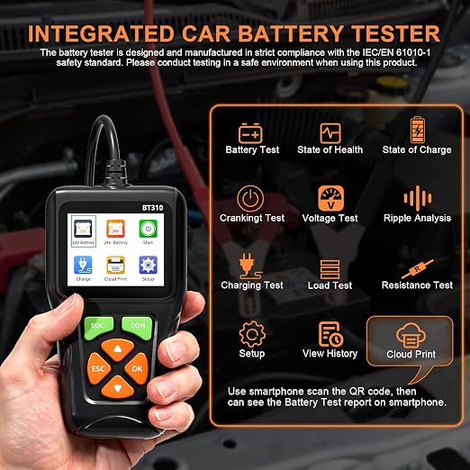 12V/24V Car Battery Load Tester Automotive – 100-2000 CCA Alternator & Charging Analyzer, QR Code Cloud Report No App Needed, for Car Truck SUV Motorcycle Snowmobile Boat