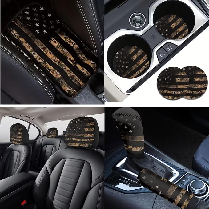 Lotusorchid American Flag Camo Hunting Automotive Seat Covers Full Set of 16, Car Seat Cover for Front Back Seats with Steering Wheel Cover Seat Belt Pads Car Shift Knob Cover Handbrake Cover
