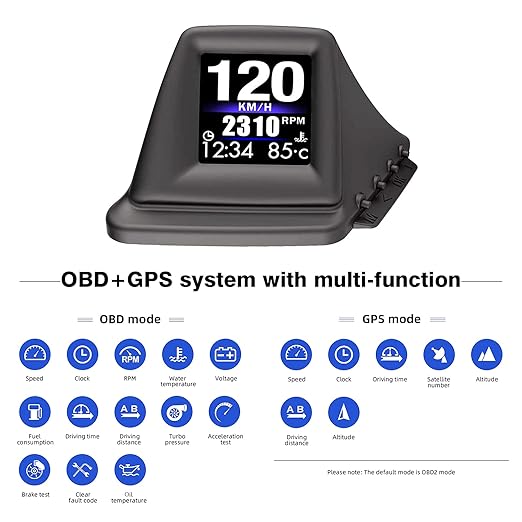 Head Up Display, Car HUD P8, OBDII & GPS Dual System, The 1st Model in The Market Can be Installed on A-Pillar Trim, Only works on most 2008+ cars