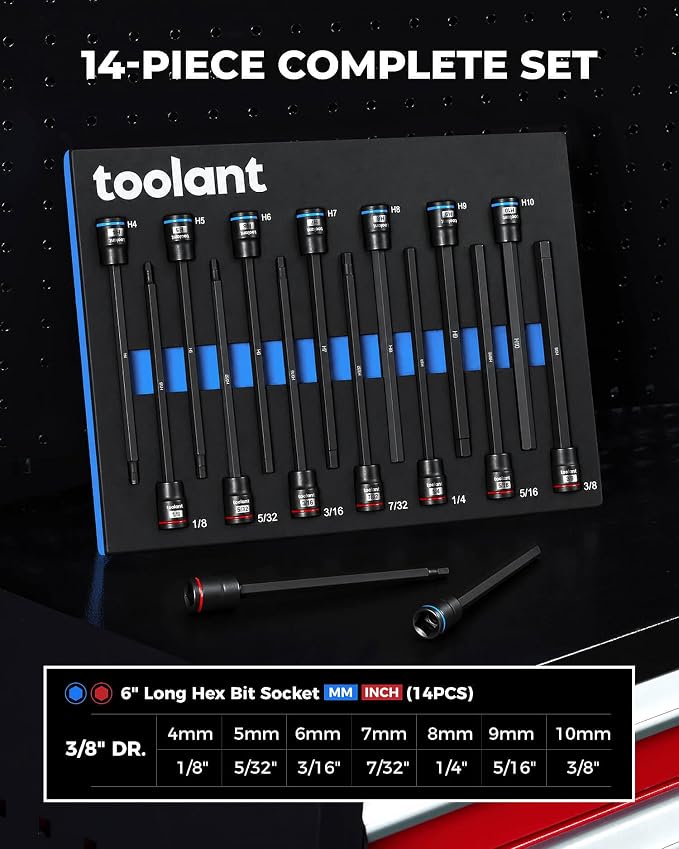 toolant 14pcs 3/8 Drive Extra Long Master Allen And Torx Bit Socket Set, Metric 9-14mm & SAE 1/8-3/8" Set, S2 Steel Air Drive Star Sockets, Professional Mechanic & Automotive Repair Socket Set