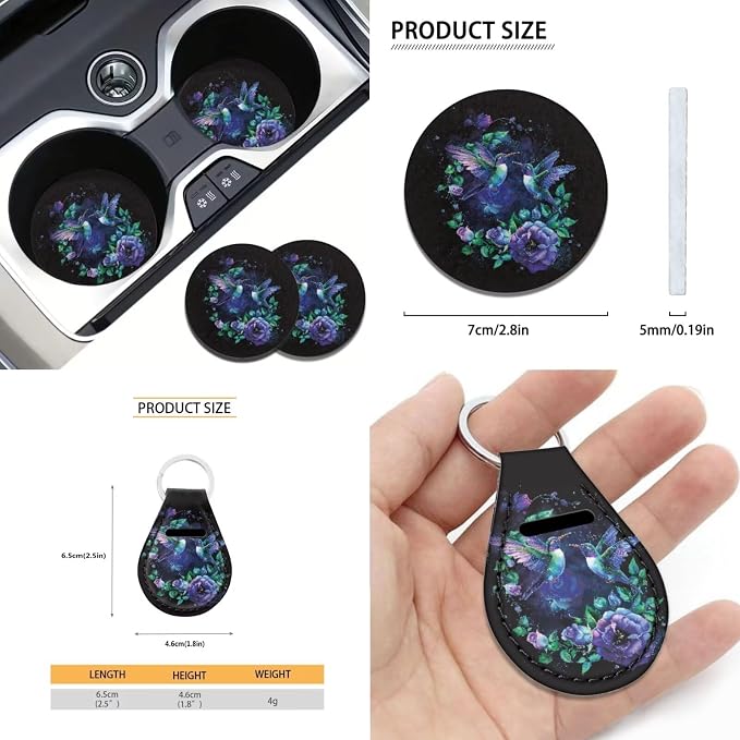 Xoenoiee Hummingbird Purple Floral Print 11 Pieces Car Seat Covers Interior Accessories Set Universal Fit with Steering Wheel Cover, Seat Belt Pads, Keychain, Cup Coasters