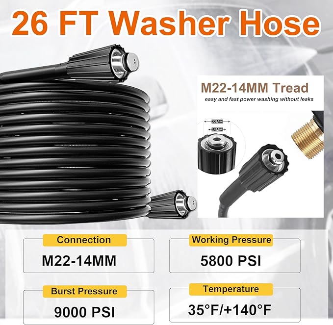 Pressure Washer Gun and Hose Kit,4000PSI Power Washer Gun with 26FT Power Washer Hose & 2 Extension Wands for Gas & Electric Pressure Washers,40 Inch Adjustable Length, M22 Fitting, 5 Nozzle Tips