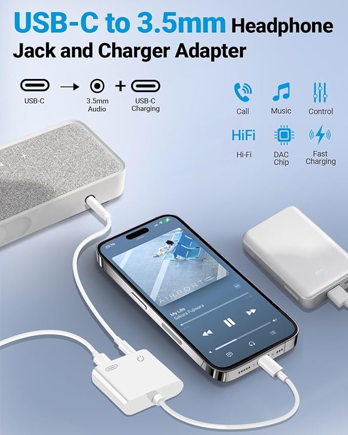 Seulliya USB C to 3.5mm Headphone Jack and Charger Adapter, 2-in-1 Audio & Fast Charging Splitter for Apple iPhone 17/16/15/Pro/Pro Max, iPad, Samsung, Pixel, and More 5Pack
