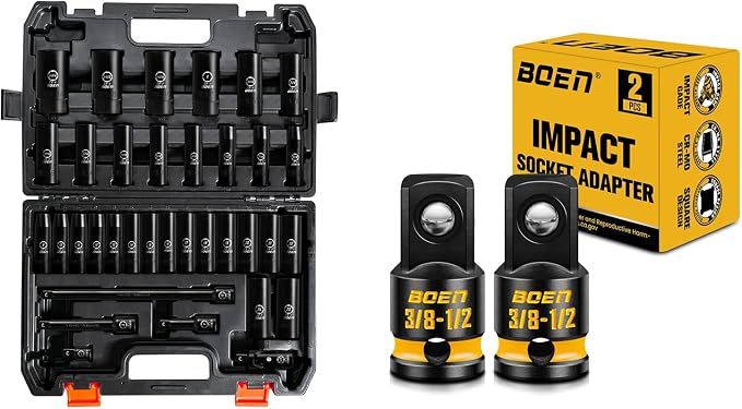 BOEN 35-Piece 1/2" Drive Deep Impact Socket Set + 2PCS 3/8"F to 1/2"M Impact Socket Adapter Set