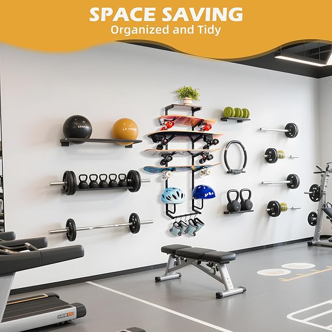 Skateboard Wall Mount Rack — Horizontal Multi-Board Display Shelf & Hanger, Longboard Deck Cruiser Holder, Wooden Helmet Stands & Accessories Hooks, Home Garage Wall Storage Organizer (Black)