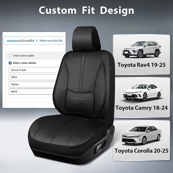 CAR PASS Nappa Leather Seat Covers for Toyota RAV4 Camry Corolla, Black | 2 Front Seats, Custom Fit for RAV4 2019-2025, Camry 2018-2024, Corolla 2020-2025, 3D Foam Faux Leather, Lumbar Support