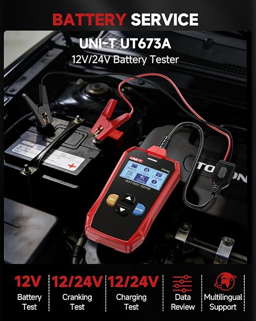 UNI-T UT673A Car Battery Tester - Advanced Conductance Technology, Tests 12V/24V Systems (CCA 40-2000A, 3-250Ah), Battery Health/Life/Charge & Starting System Diagnostics, quickly detect common faults
