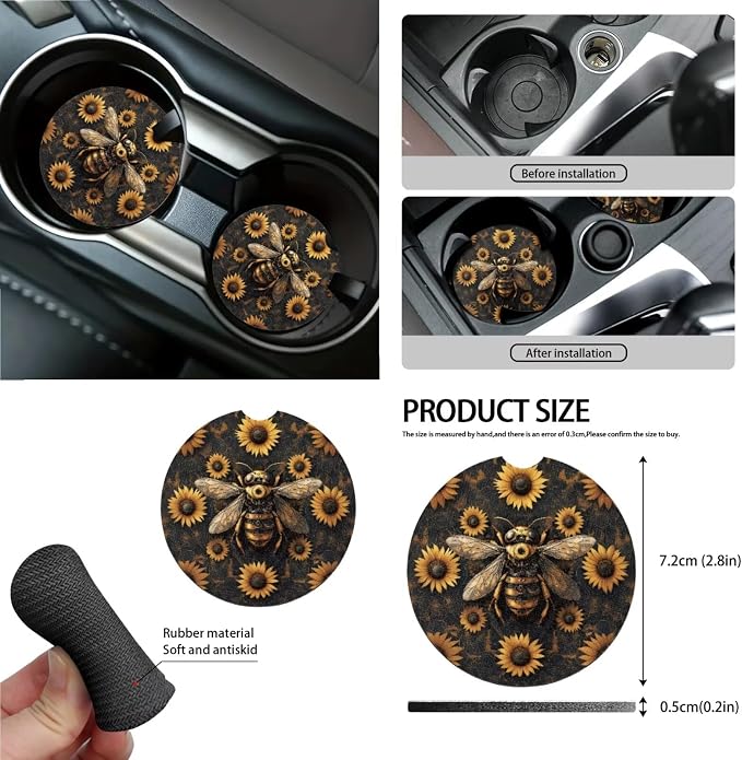 Bee Sunflower Pattern Car Seat Covers Full Set Steering Wheel Cover Seatbelt Covers Keychain Coasters Trash Bin Air Outlet Pocket Rearview Cover, 15pcs Car Interior