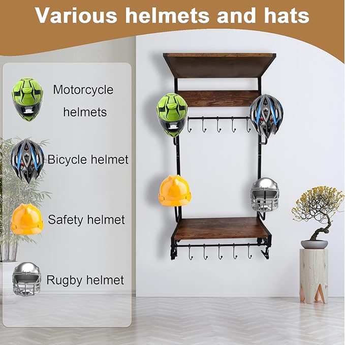 Motorcycle Helmet Holder Wall Mounted Motorcycle Gear Helmet Hook Rack Storage Helmet Hanger Display Stand Football Helmet Wall Mount with 2 Layer Wooden Boards and 4 Hat 14 Accesorios(Upgraded)