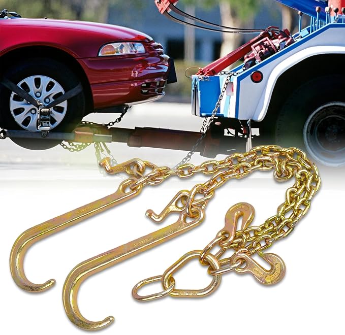 3/8" Grade 70 V-Type Transport Tow Chain w/15 J-Hooks 2Ft Long Shank Legs for Flatbed Truck Tie Trailer Tractor Car Wrecker Tow Chain,7800Lbs Working Load Limit,G70 Steel Towing Bridle,Yellow