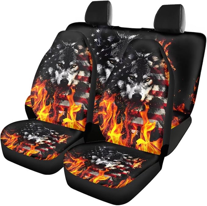 USA Flag Flame Wolf Car Interior Accessories Set of 18, Car Seat Covers Full Set with Floor Mats Steering Wheel Cover Shoulder Pads Roof Gloves Armrest Pad Cover Cup Coaster Keychains