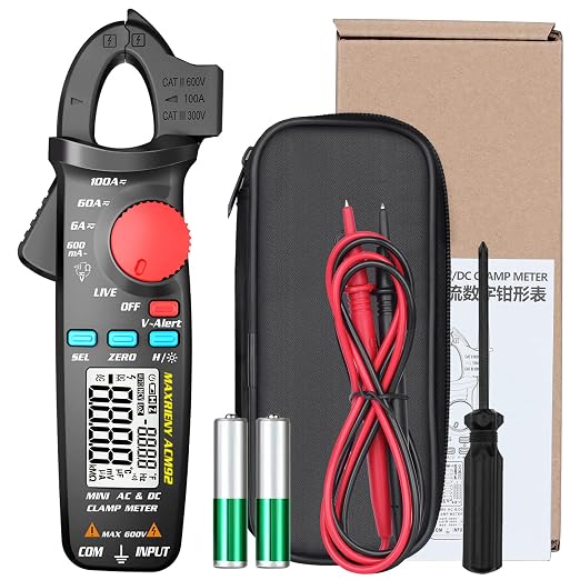 DC AC Clamp Meter 6000 Counts True RMS Digital Multimeter Amp Resistance Frequency Live Check V-Alert Continuity Voltage Tester with Back Clip