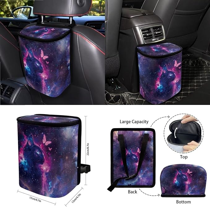 Cat Galaxy Butterfly Pattern Car Seat Covers Full Set Steering Wheel Cover Trash Can Air Vent Storage Bag Seatbelt Covers Rearview Mirror Cover Cup Coasters 15pcs Car Interior