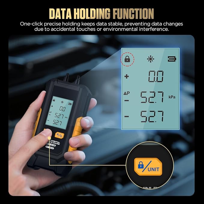 OBD2 Breakout Box 16-Pin CAN 17.7 inches Cable Fault Diagnosis Scan Tool & Dual-Port Manometer HVAC with 7 Adapters, 6 Units Switch, Data Hold & Backlit Display Screen