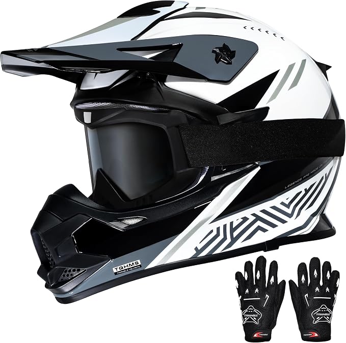 TRIANGLE Adult Dirt Bike Helmet Full Face Motorcycle Helmets with Adjustable Goggles & Gloves - DOT/FMVSS-218 Certified Motocross Helmet for Off-Road ATV BMX UTV