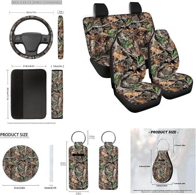INSTANTARTS Hunting Camo Forest 13 Pcs Car Seat Cover Set Seat Belt Cover Steering Wheel Cover Key Fob Coaster Lipstick Cover Auto Protectors