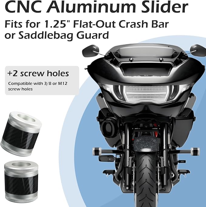 Crash Bar Sliders End Caps CNC Carbon Fiber Inlay Decorative Sliders Fits for 1.25" Front Engine Guard Rear Saddlebag Guard CNC 60mm (Silver)