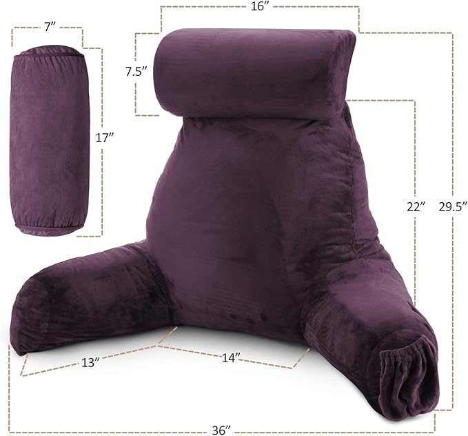 Nestl Reading Pillow with Shredded Memory Foam Includes 2 Neck and Lumber Support Pillows, Designed for Sitting Up in Bed and Couch, Back and Arms Adjustable Support for Adult & Teens, Purple