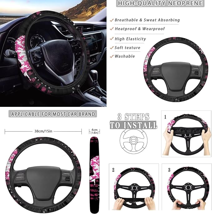 KEIAHUAN Camo Deer Hunting Car Seat Cover Set of 11 Pieces with Handbrake and Gear Shift Knob Cover,Steering Wheel Cover,Cup Coasters Auto Interior Accessories for SUV,Sedan,Truck,Van, Pink