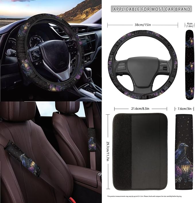 Crow Moon Rose Lantern Pattern 15 Pieces Car Seat Cover Steering Wheel Cover, Seat Belt Strap Wrap Cover Car Trash Can Cup Holders Keychain Air Vent Bag for Truck Vans Sedans