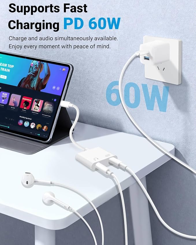 Seulliya USB C to 3.5mm Headphone Jack and Charger Adapter, 2-in-1 Audio & Fast Charging Splitter for Apple iPhone 17/16/15/Pro/Pro Max, iPad, Samsung, Pixel, and More 1Pack