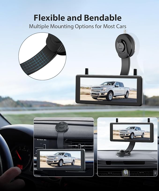 AUTO·VOX 5" Solar Wireless Backup Camera with Suction Cup Mount, 1080P HD Monitor, Adjustable Windshield Mount, 3 Minute Install, IP69K Waterproof for Car Truck SUV Trailer