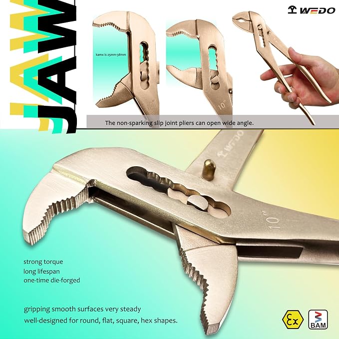 WEDO Non-Sparking Slip Joint Pliers, Spark-free Safety Water Pump Pliers, Length 165mm,Beryllium Copper,Non-Magnetic,25mm Wide Opening Groove Joint Pliers,DIN Standard, BAM & FM Certificate