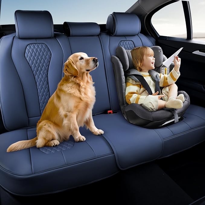 Coverado Car Seat Covers, Rear Car Seat Cover, Blue Leather Seat Cover, 3-Pieces Car Seat Cushion, Luxury Seat Cover Seat Protector Universal Fit Most Cars