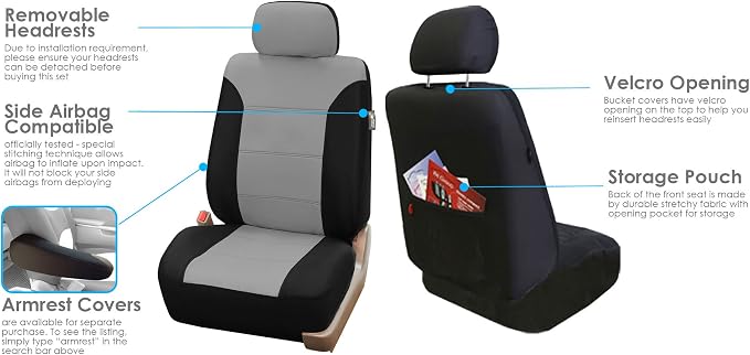 FH Group FB065115 + F11306 Classic Khaki Seat Covers (Gray) Full Set – Universal Fit for Cars Trucks & SUVs
