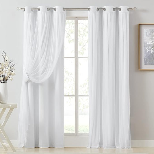 Bujasso White Full Blackout Curtain Panels with Sheer Overlay Mix and Match Double Layer Thermal Insulated Window Treatment Set for Living Room White Drapes with Tiebacks Grommet Top 37" Wx108 Lx2