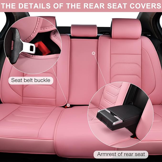 TIEHESYT Pink Car Seat Covers Full Set, Breathable Leather Automotive Front and Rear Seat Covers & Headrest for Comfortable Driving, Universal Auto Interior Fit for Most Kinds of Vehicles