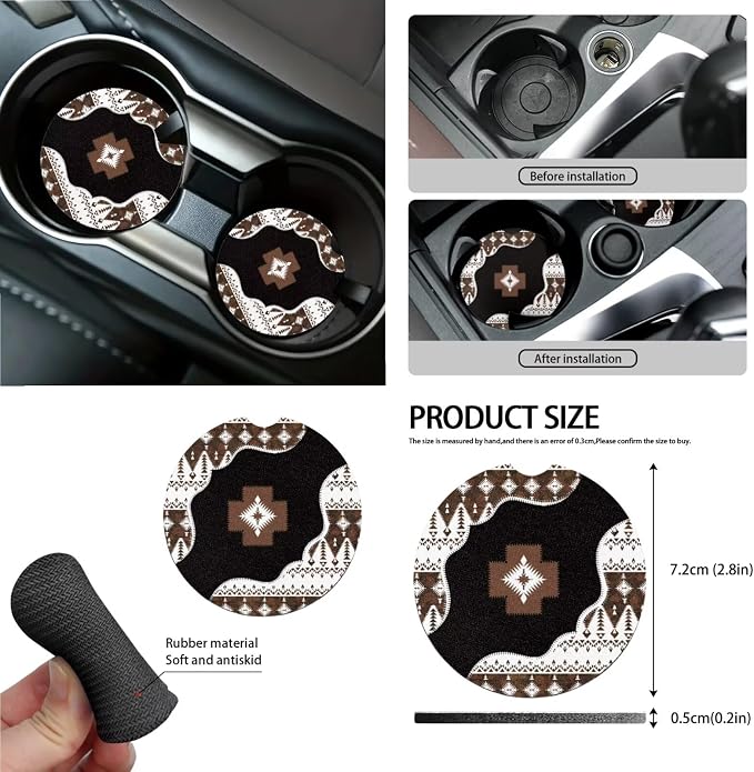 Wanyint Aztec Brown Black Car Front Back Seat Covers Full Set with Car Steering Wheel Cover Safe Belt Pads Cup Coasters Garbage Cans Rear View Mirror Cover Keychain Air Vent Storage Holder, Set of 15