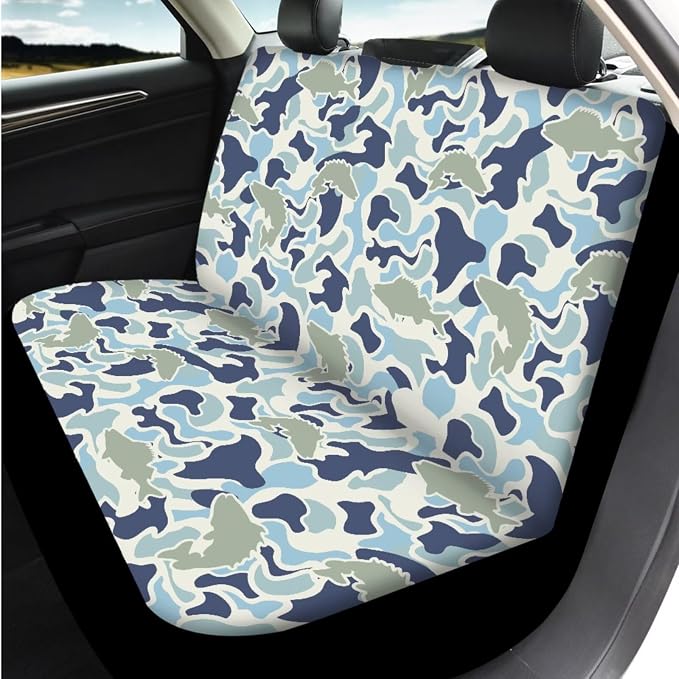 Bulopur Fish Camo Vehicle Seat Covers Front and Back with Auto 15 Inch Steering Wheel Cover Decorative Armrest Cover Comfortable Vehicle Seat Belt Covers 14 PCS Car Interior Accessories Set