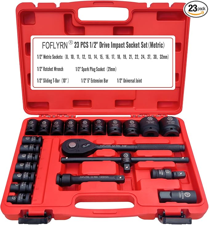 1/2" Drive Impact Socket Set,6-Point Metric Socket Set (8-32mm),23PCS Cr-Mo Material High Durability Deep Socket Set with Ratchet Wrench,Sliding T Bar,Universal Joint,Extension Bar and Storage Case.