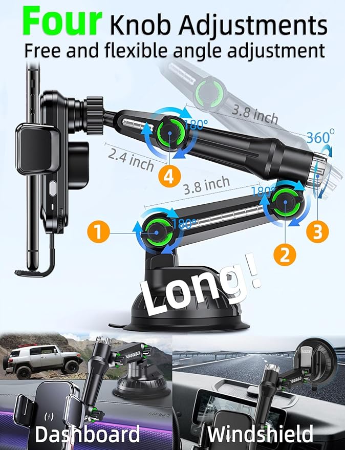 Wireless car Charger Phone Mount Holder for Trucks and Large SUVs, 10-Inch Long Arm 15W Qi2 Fast Charging Heavy Duty Truck Vacuum Phone Holders for Windshield Dashboard, for iPhone Samsung LG