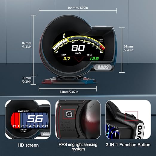 obd2 Gauges Display Car HUD Head Up Display F8 Plus,OBD+GPS Gauge, Digital Speedometer for Car with Water Temperature, Voltage, Fuel Consumption, RPM,obd2 Gauge Speedometer Suitable for All Car