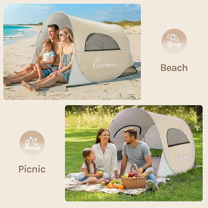 Wolfwise Pop up Beach Tent Sun Shelter with UPF50+ UV Protection, Instant Easy Setup Popup Beach Shade Canopy for 3 Person, Portable & Foldable with Carring Bag, 87 ×57×47 in, Beige