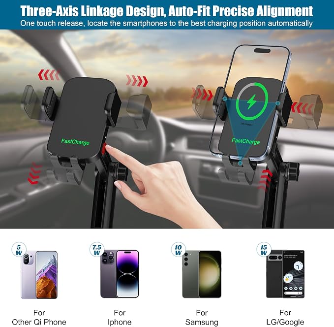 2 in 1 Auto-Clamping Cup Phone Holder for Car, 15W Fast Wireless Charging Cup Holder Phone Mount with Type-C Cable, Adjustable Car Cup Expander for Large Bottles