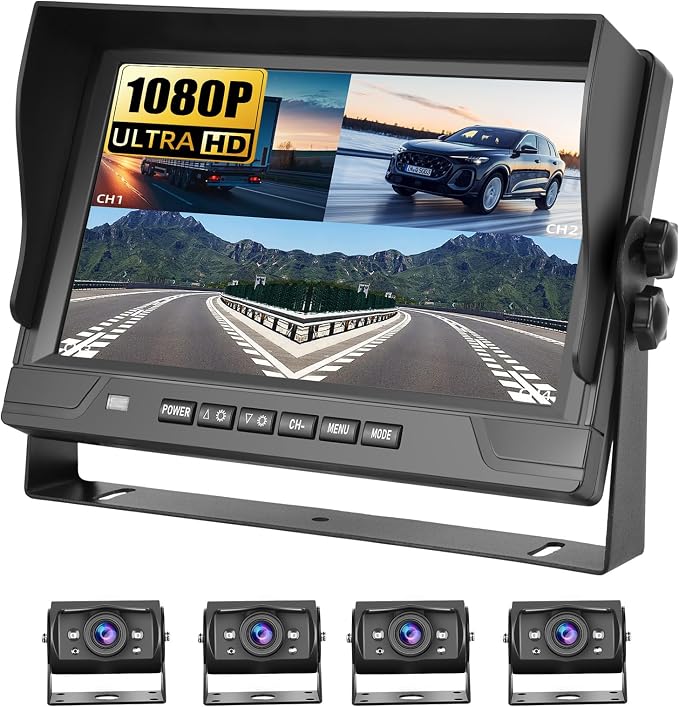 9 Inch 4-Channel 1080P Wired Backup Camera System with DVR, Quad Split Screen Monitor, 4 Waterproof Night Vision Cameras Included, Loop Recording, Remote Control for Truck/RV/Trailer/Bus/Car