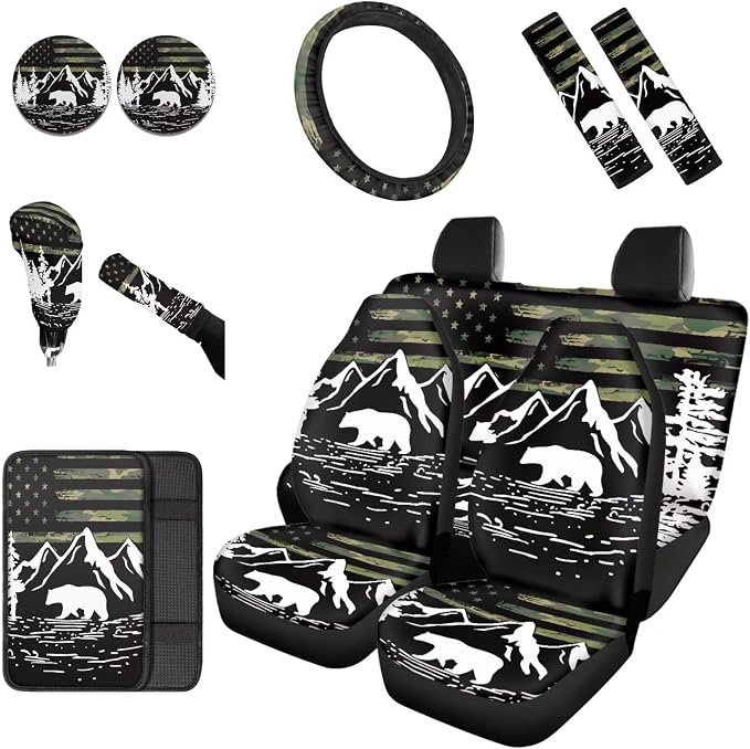 Dreaweet Car Seat Covers Full Set American Flag Mountains Bear Design Seat Covers for Truck SUV Cars with Steering Wheel Cover/Armrest Cover/Seatbelt Covers/Car Coasters/Gear Shift Cover,12 Pcs Set