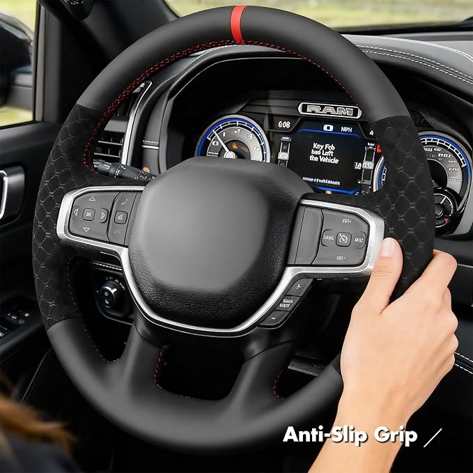 MEWANT Hand-Stitched Steering Wheel Cover Wrap for Dodge Ram 1500 2019-2023 Steering Wheel Accessories for Dodge Ram(Backsides Without Buttons)