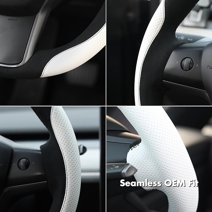MEWANT Hand Stitch Steering Wheel Cover for Tesla Model 3 2017-2023 Model Y 2020-2023 Black Athsuede White Microfiber Leather Custom Fit DIY Wrap Interior Accessories