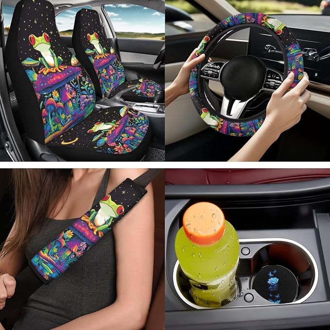 Bulopur Mushroom Frog Vehicle Seat Covers Front and Rear with 15 Inch Steering Wheel Cover Breathable Center Console Cushion Car Seat Headrest Covers Seat Belt Pads Vehicle Interior Decor Set