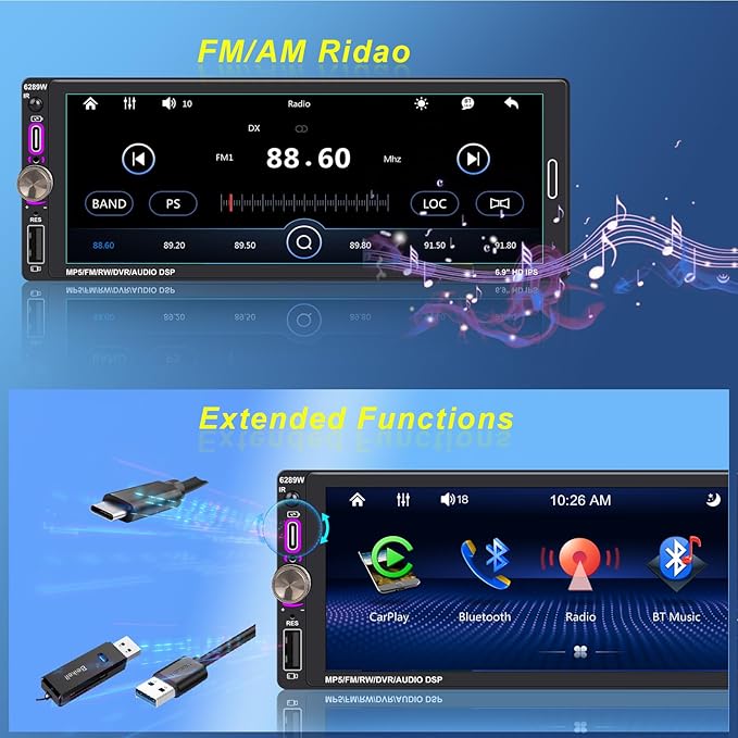 6.9" Single DIN Car Radio with Wireless Apple CarPlay, Car Bluetooth 5.2, AM FM Radio, IPS Touchscreen 1280x480, Backup Camera, Type-C Fast Charging, USB, 180W Subwoofer, Android Auto, GPS Navigation