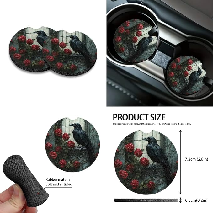 Crow Rose Print Car Accessories Set of 10, Front/Back Seat Cover, Auto Trash Can, Steering Wheel Cover, Cup Coasters, Keychain, Air Vent Pocket Bag Fit for Most Cars