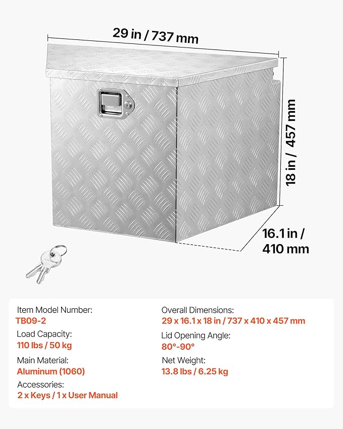 VEVOR Trailer Tongue Box, Heavy Duty Trailer Tongue Tool Box Storage Organizer with Lock & Keys, Utility Tool Chest for Pickup Truck Bed, RV, SUV, Off-Road Vehicle, Aluminum, 29" x 16.1" x 18", Silver