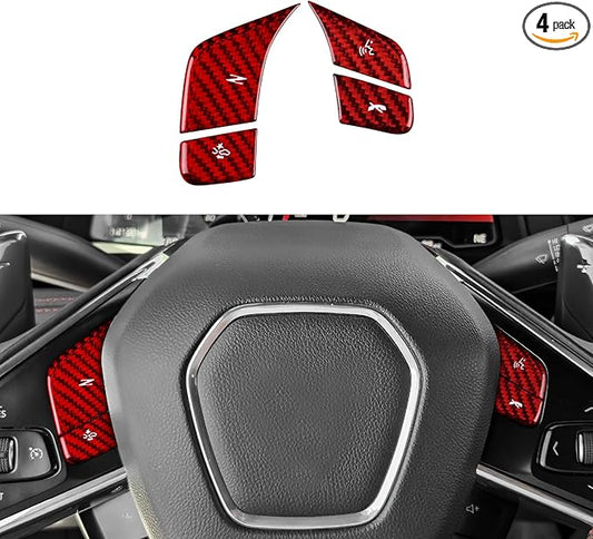 Real Carbon Fiber Steering Wheel Button Covers - 4PCS for Corvette C8 2024 2025 Carbon Fiber Accessories, Durable Anti-Scratch Protective Accessories (Without Heating Button, Red)