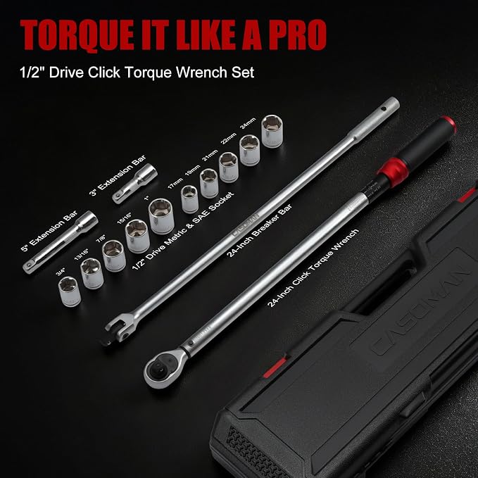 CASOMAN 14 PCS 1/2 Inch Click Torque Wrench Set,22.2-244.2 FT.-LB/30-330 Nm, ±3% Accuracy, 72-Tooth Dual Scale Torque Wrench Kit, with Breaker Bar & Extensions & Sockets, for Automotive Tire Repair