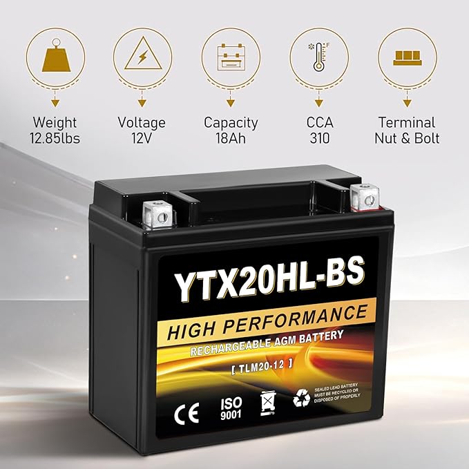 YTX20HL-BS 12V 20Ah AGM Sealed Motorcycle Battery, Maintenance-Free, Compatible with Harley Davidson, Honda, ATV, UTV, Snowmobile Replacement