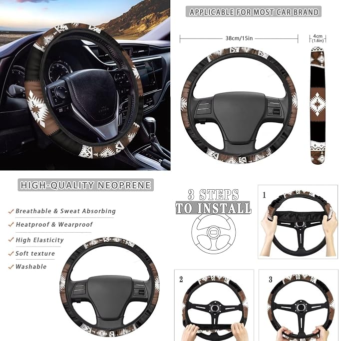 Wanyint Southwest Aztec Black Brown Car Seat Protector - 11 PCS Set with Steering Wheel, Headrest, Cup Coasters, Handbrake, Gear Shift Knob Covers